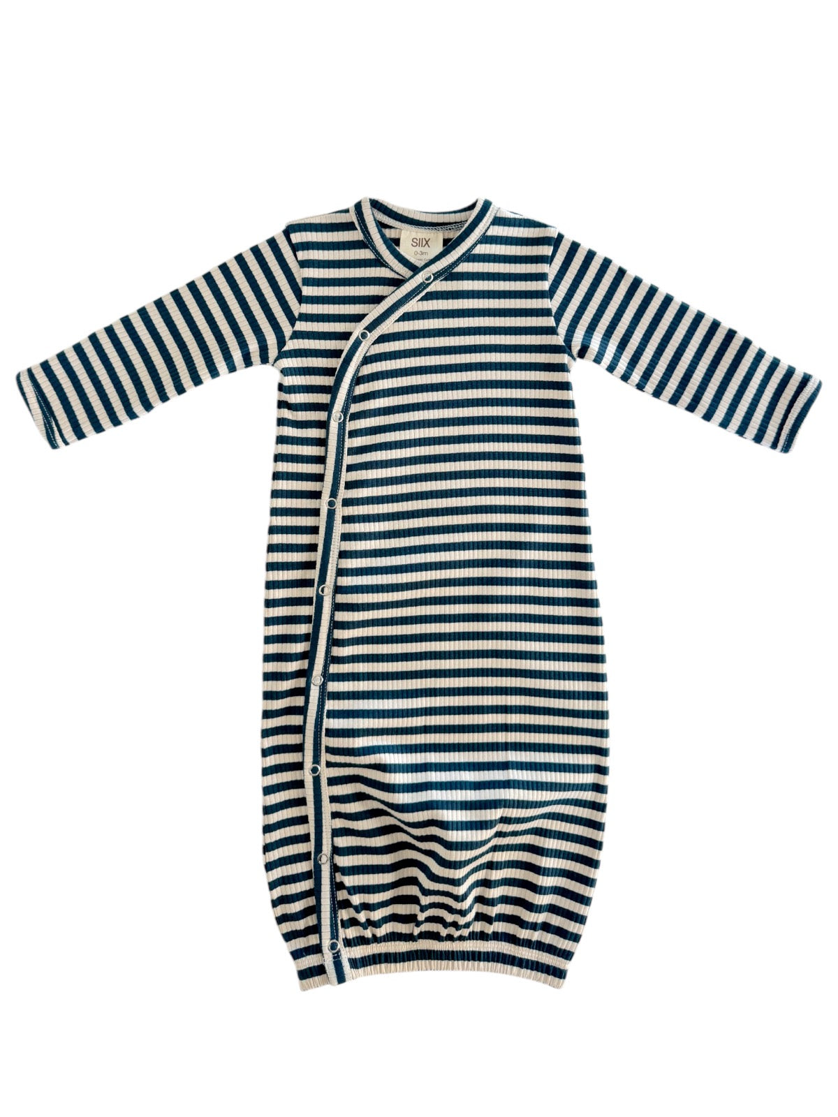 Striped baby gown with long sleeves, featuring a side button closure and elastic bottom for easy diaper changes.