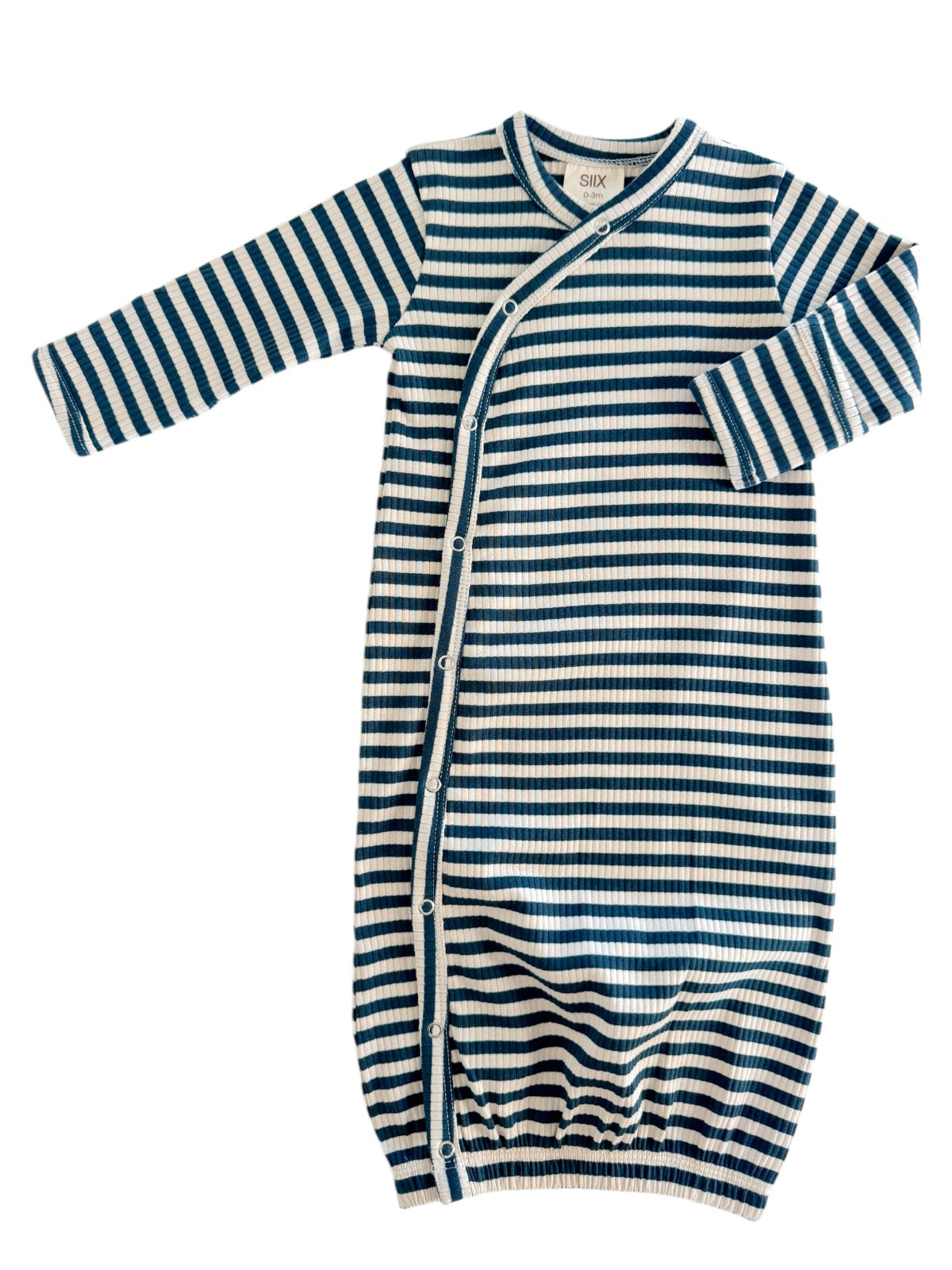 Striped baby garment featuring blue and cream colors with buttons along the side for easy dressing.