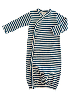 Striped baby garment featuring blue and cream colors with buttons along the side for easy dressing.