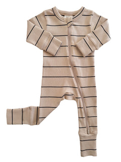 Beige striped baby onesie with a front zipper and long sleeves, laid flat against a white background.