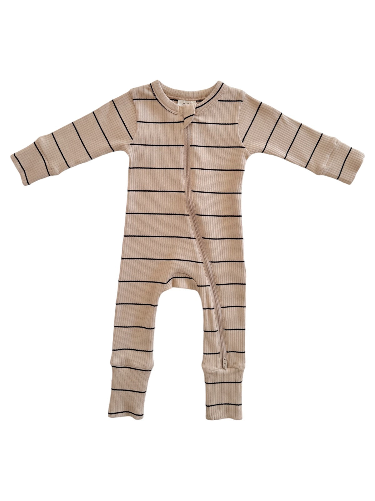 Beige striped baby onesie with long sleeves and a zipper front. Ideal for comfortable wear.
