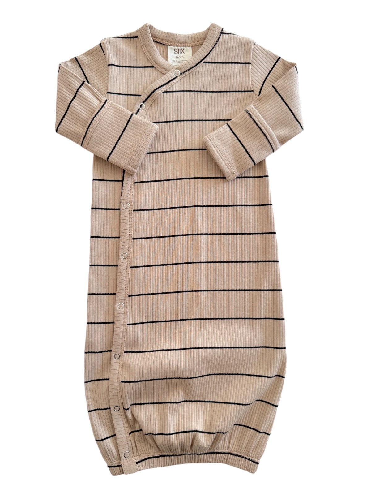 Beige striped baby sleep sack with long sleeves and snap closure, designed for comfort and ease.