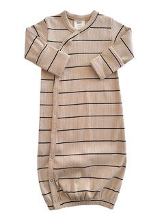 Beige striped baby sleep sack with long sleeves and snap closure, designed for comfort and ease.