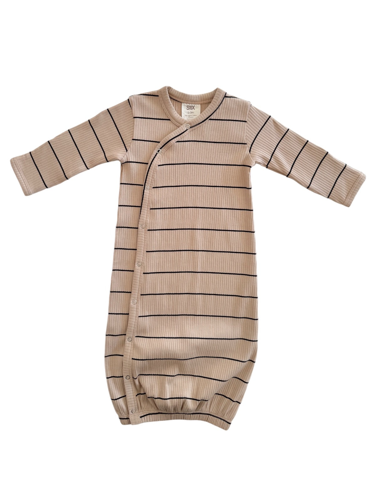 Tan striped baby blanket sleep sack with long sleeves and snap closure. Ideal for comfort and warmth.