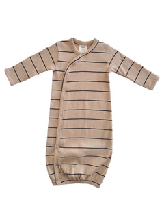 Tan striped baby blanket sleep sack with long sleeves and snap closure. Ideal for comfort and warmth.