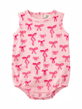 Pink infant bodysuit with a pattern of bright pink bows on a light background.