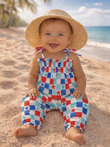 Red, White & Blue Checkerboard / Organic Smocked Jumpsuit