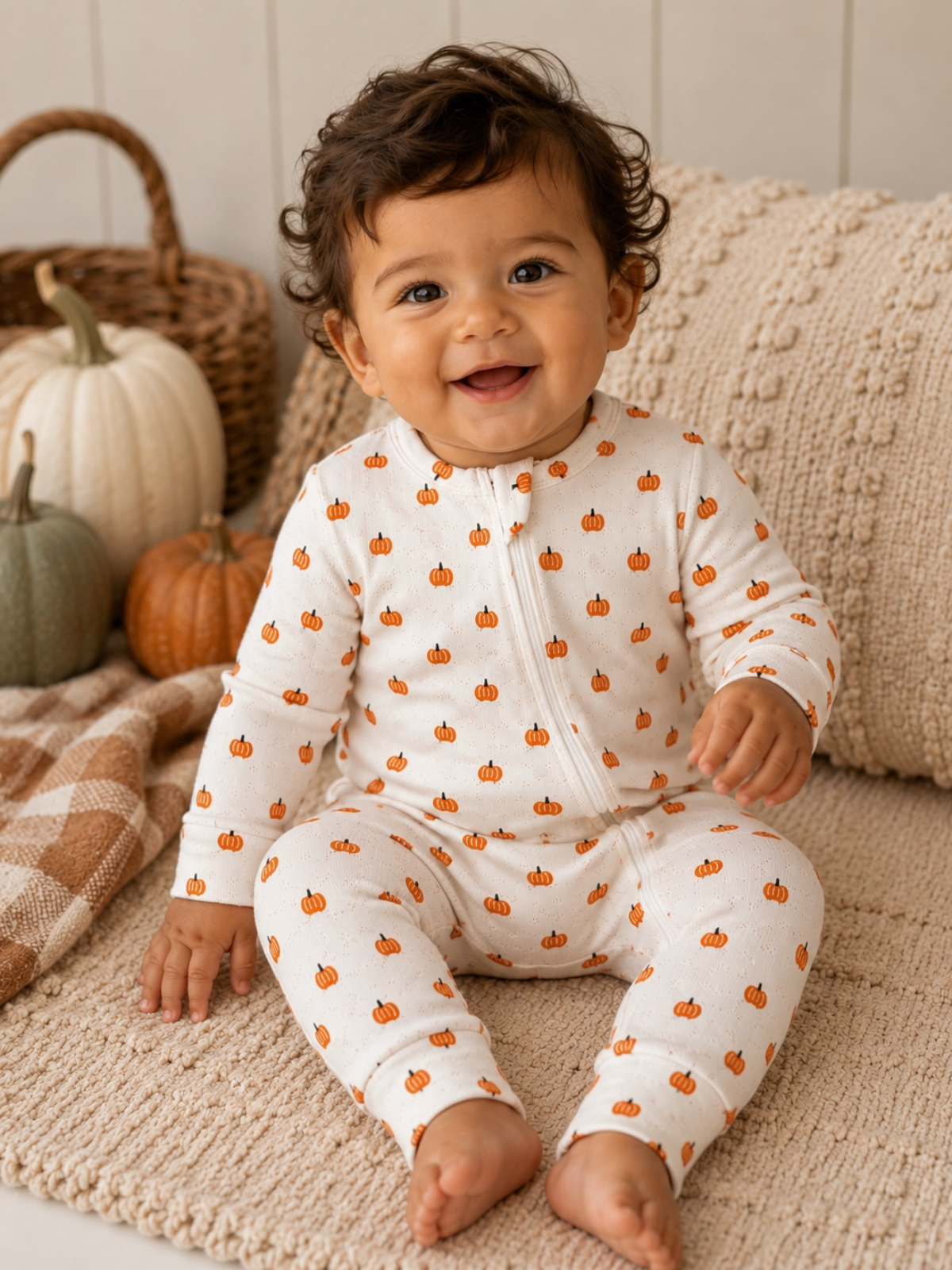 Smiling baby in pumpkin-print pajamas sitting on a cozy blanket with decorative pumpkins in a warm, autumn setting.