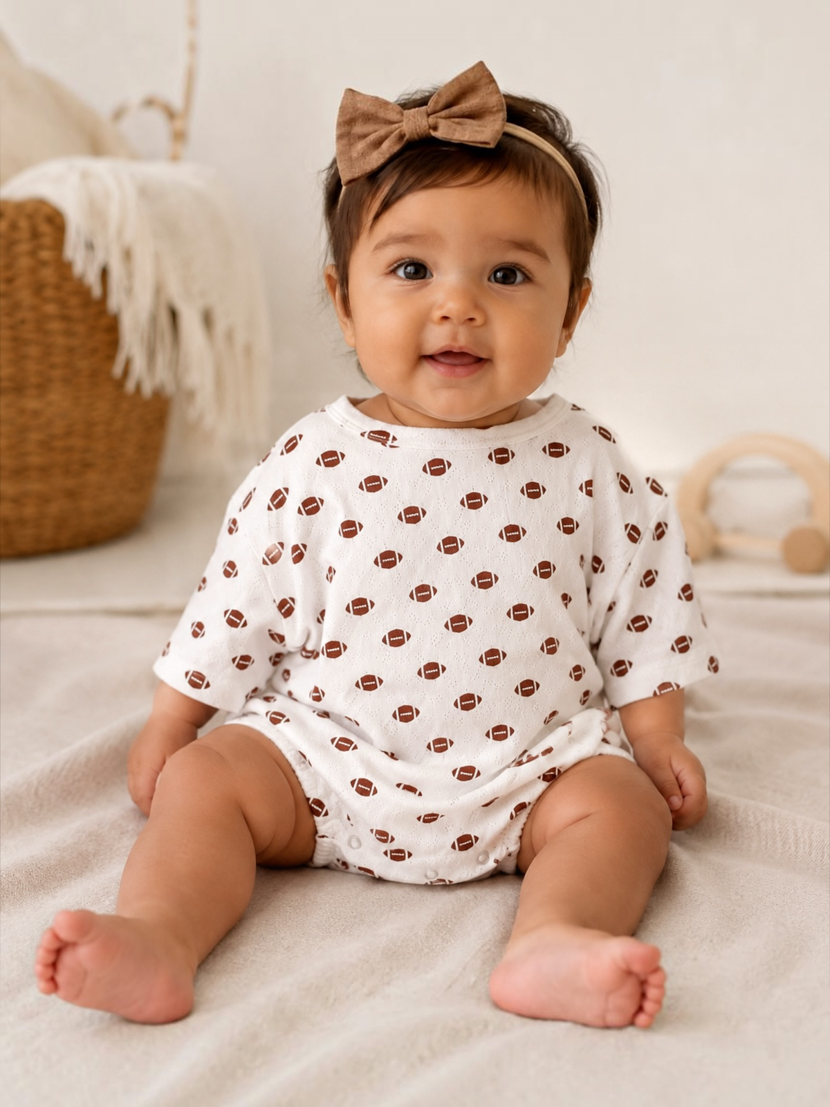 Smiling baby in a football-print outfit with a bow, sitting on a soft surface. Cozy indoor setting.