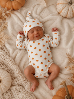 Smiling baby in pumpkin-patterned outfit, surrounded by soft textures and decorative pumpkins.
