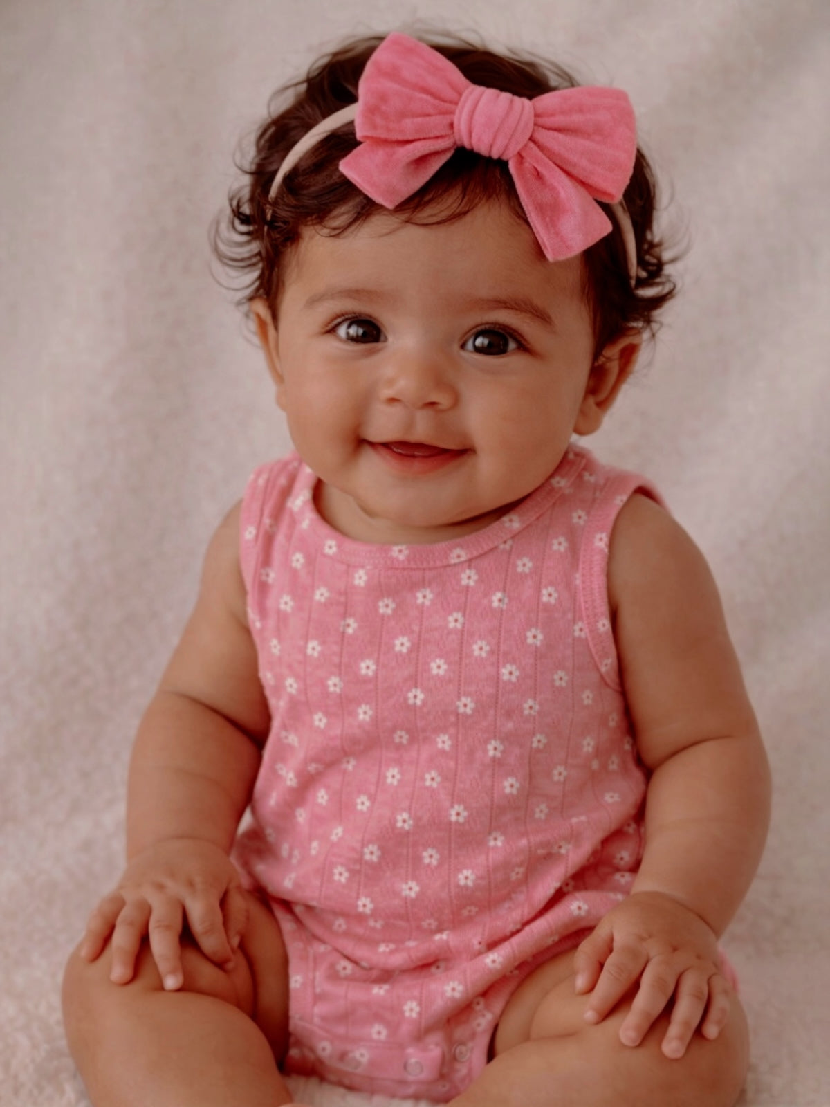 Smiling baby girl in a pink dress and bow, sitting on a soft surface.