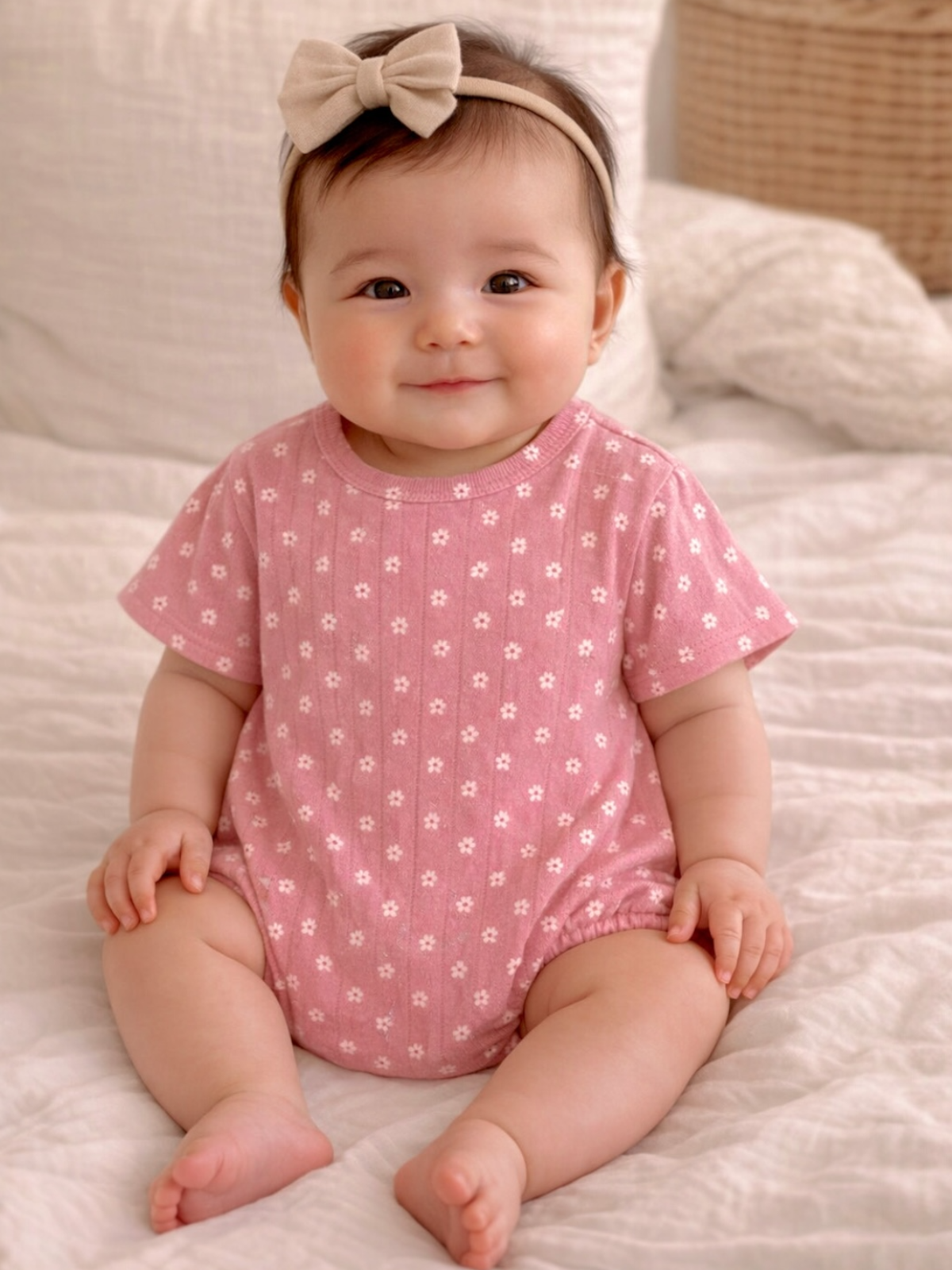 Smiling baby in a pink floral onesie sits on a white blanket, wearing a beige bow headband.
