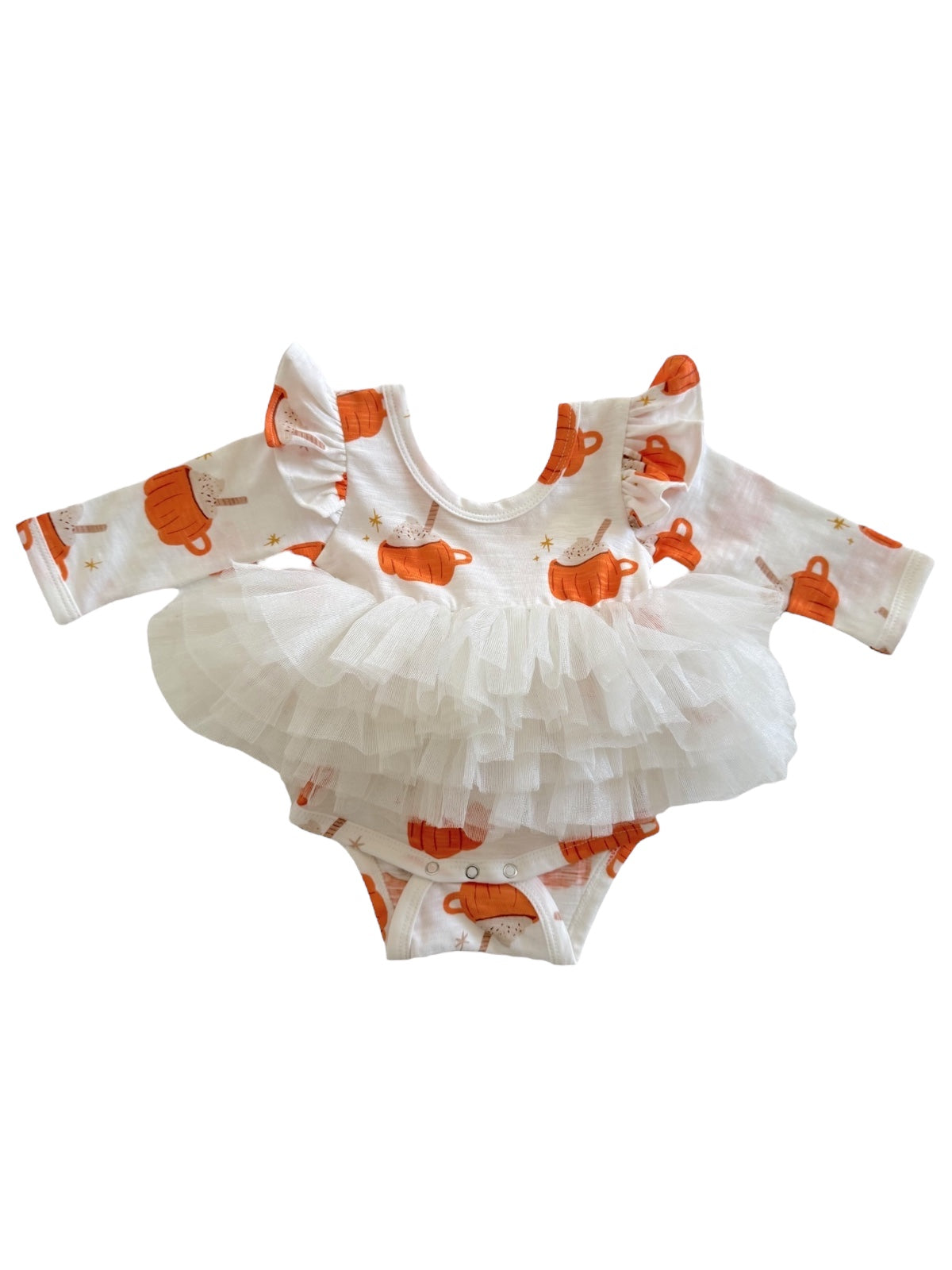 White baby bodysuit with orange pumpkin print and a fluffy white tulle skirt. Ideal for playful autumn outfits.