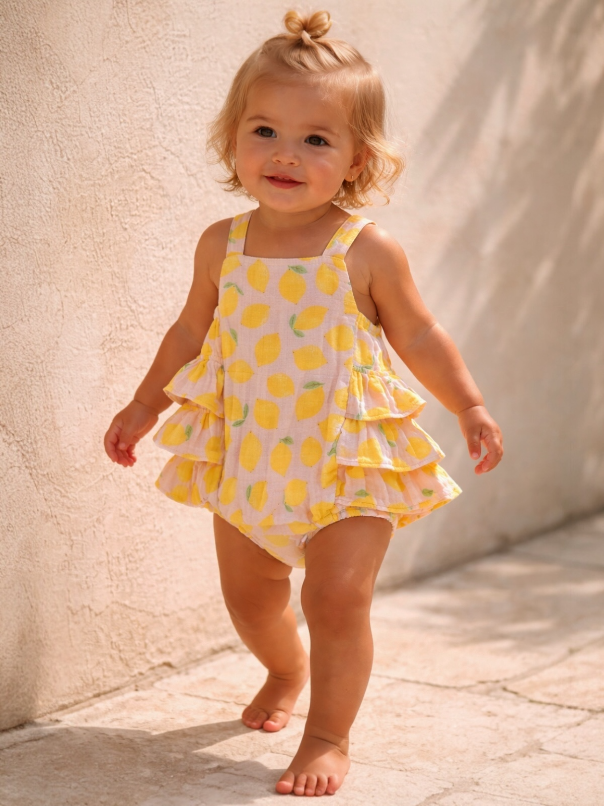 Smiling toddler in a lemon-patterned romper walking on a stone pathway. Natural light and neutral background.