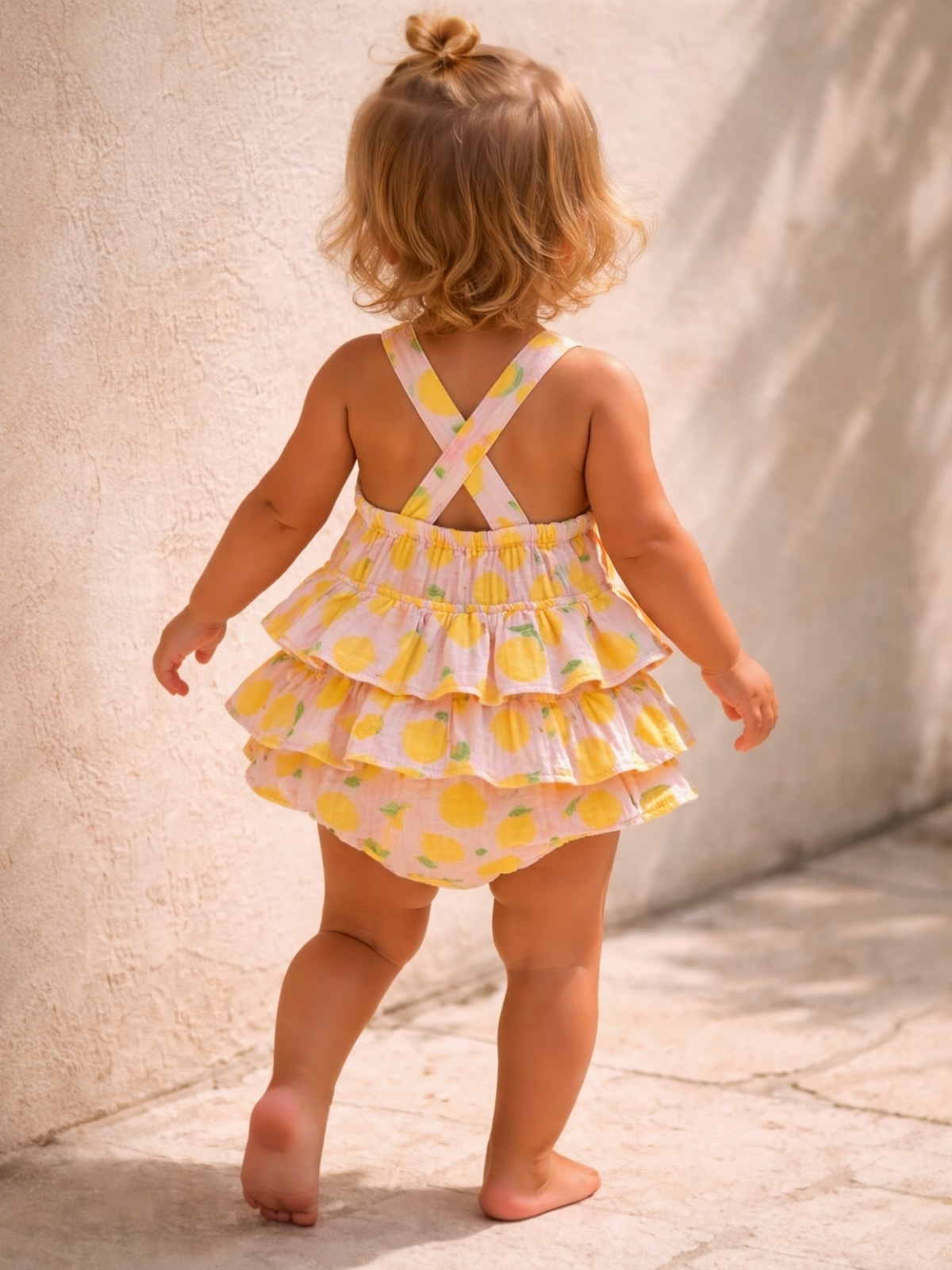 Toddler in a lemon-patterned dress walks away, showing a sunny background and soft textures.