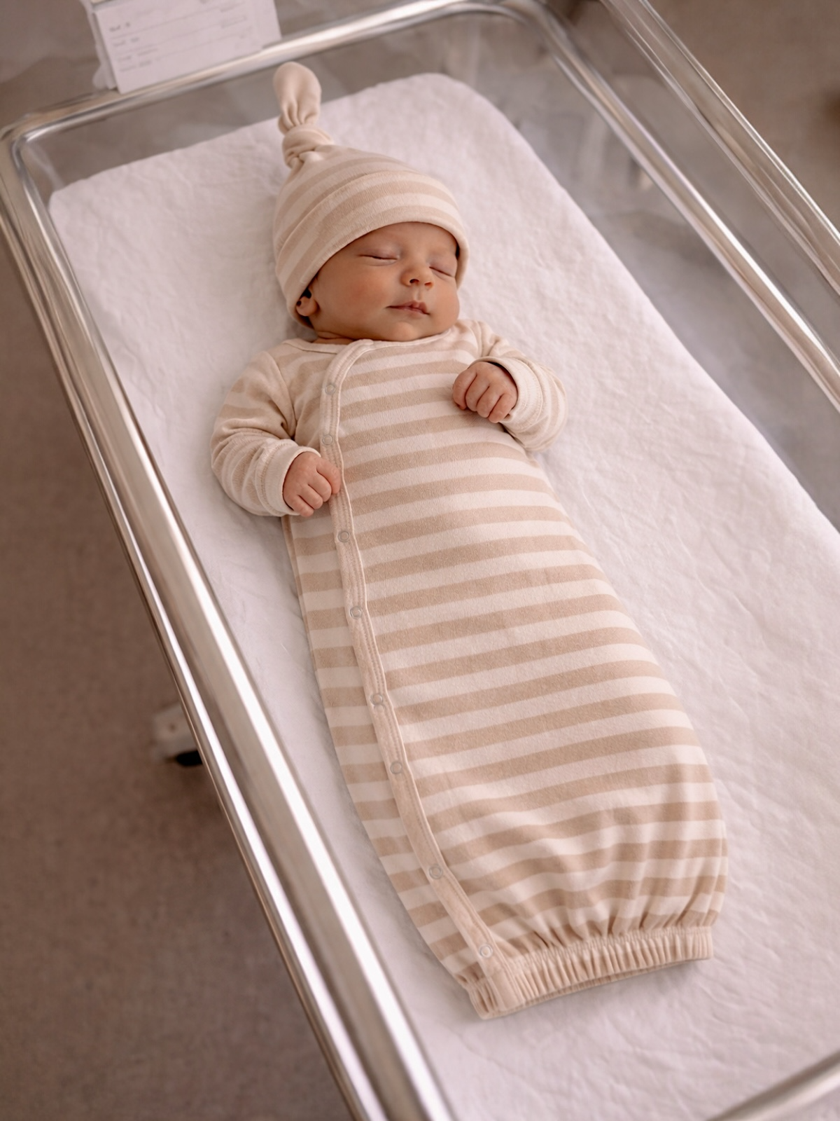 Newborn baby sleeping peacefully in a striped swaddle and hat, resting in a hospital bassinet.