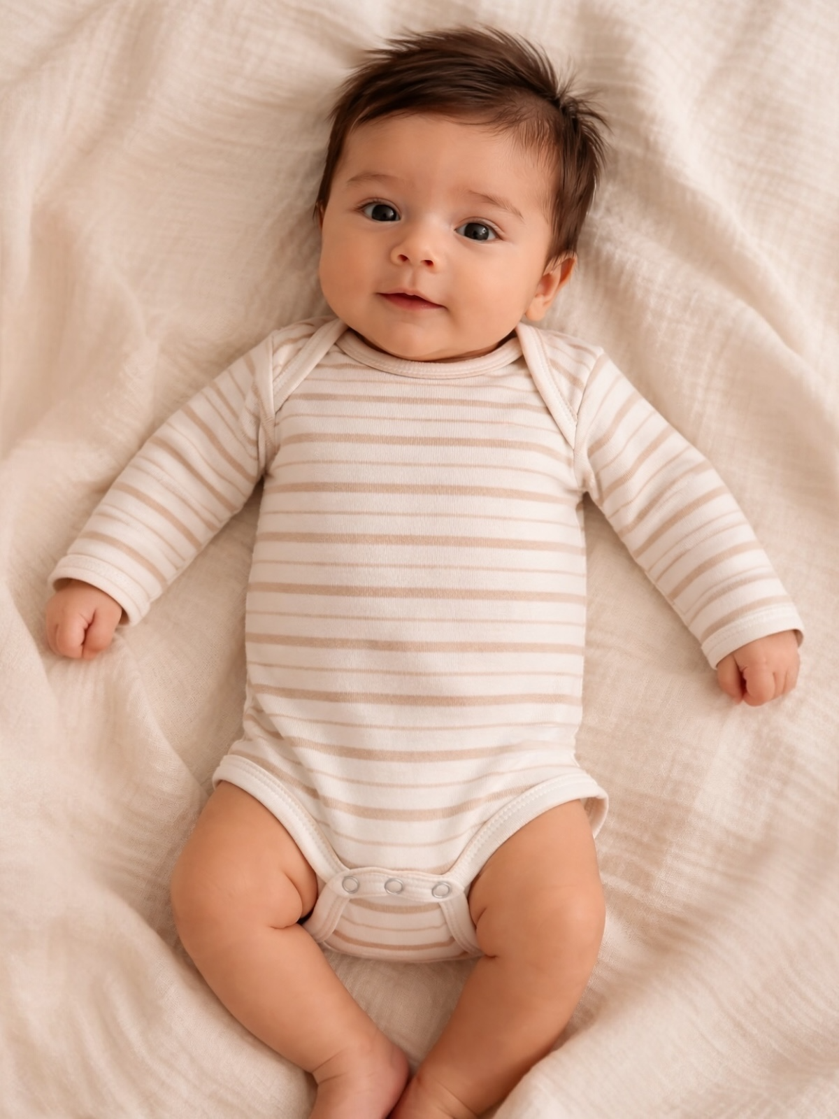 Smiling baby in a striped onesie lying on soft fabric backdrop, arms stretched out.