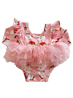 Pink baby bodysuit with snowman print and a fluffy tulle ruffle skirt. Ideal for festive occasions.