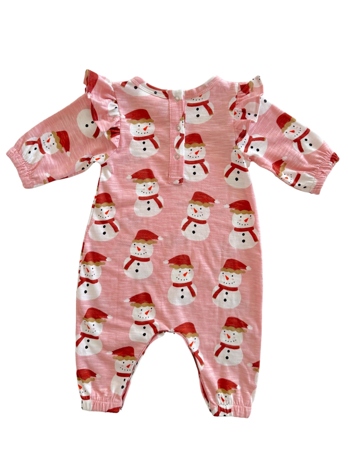 Pink snowman-printed romper with ruffles, featuring smiling snowmen in red hats and scarves. Perfect for winter festivities.