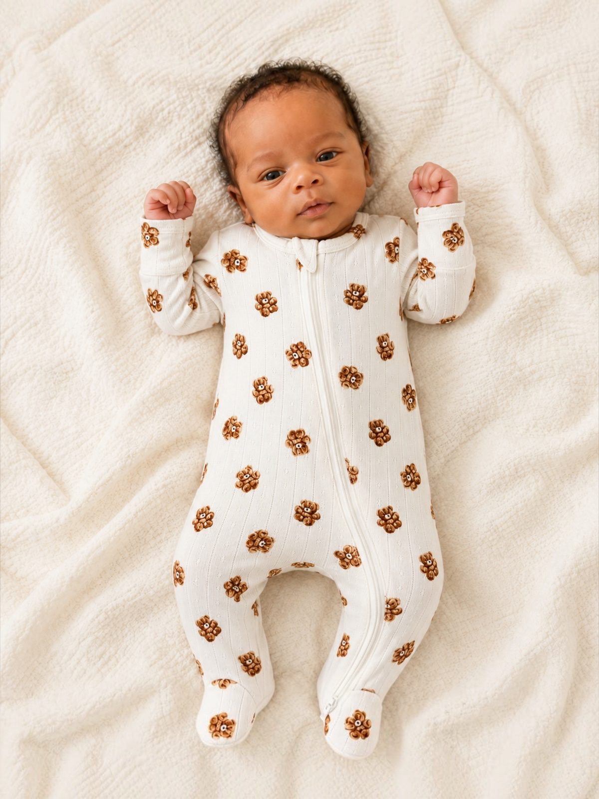 Baby lying on a soft blanket, wearing a white onesie with brown floral patterns, with arms raised in excitement.