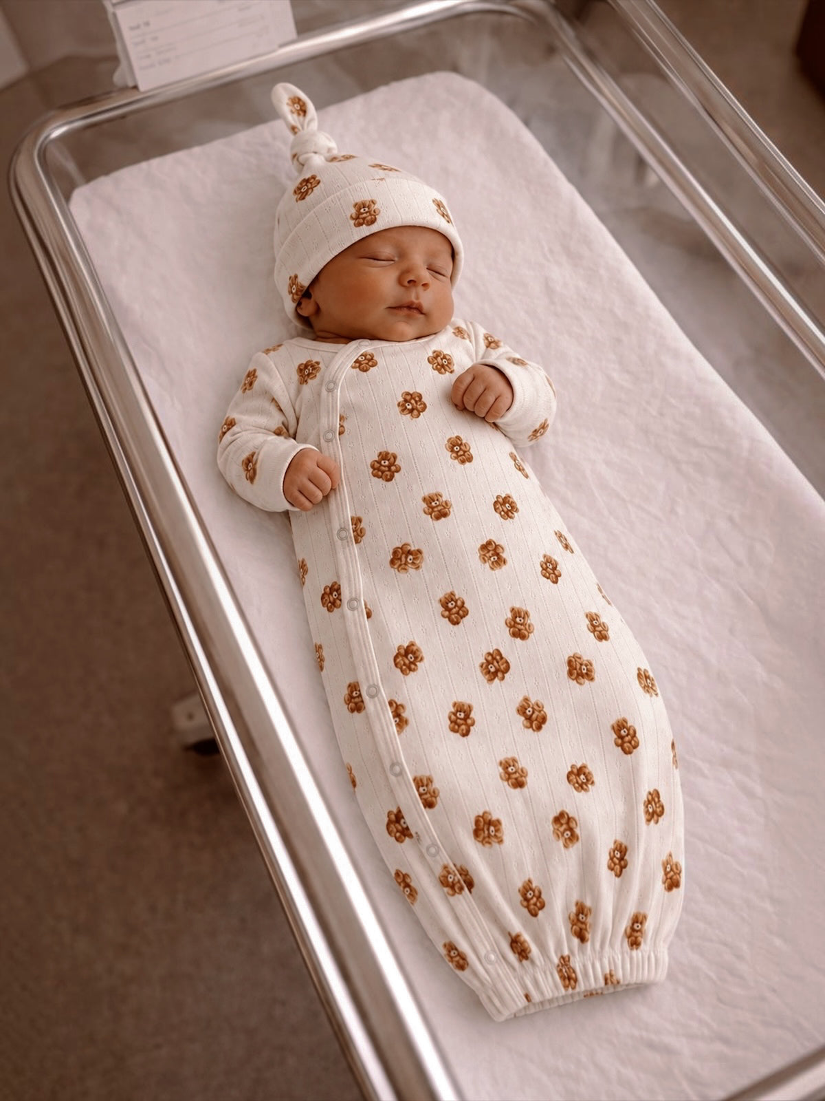 Newborn baby sleeping in a cozy, floral-patterned swaddle in a hospital crib.