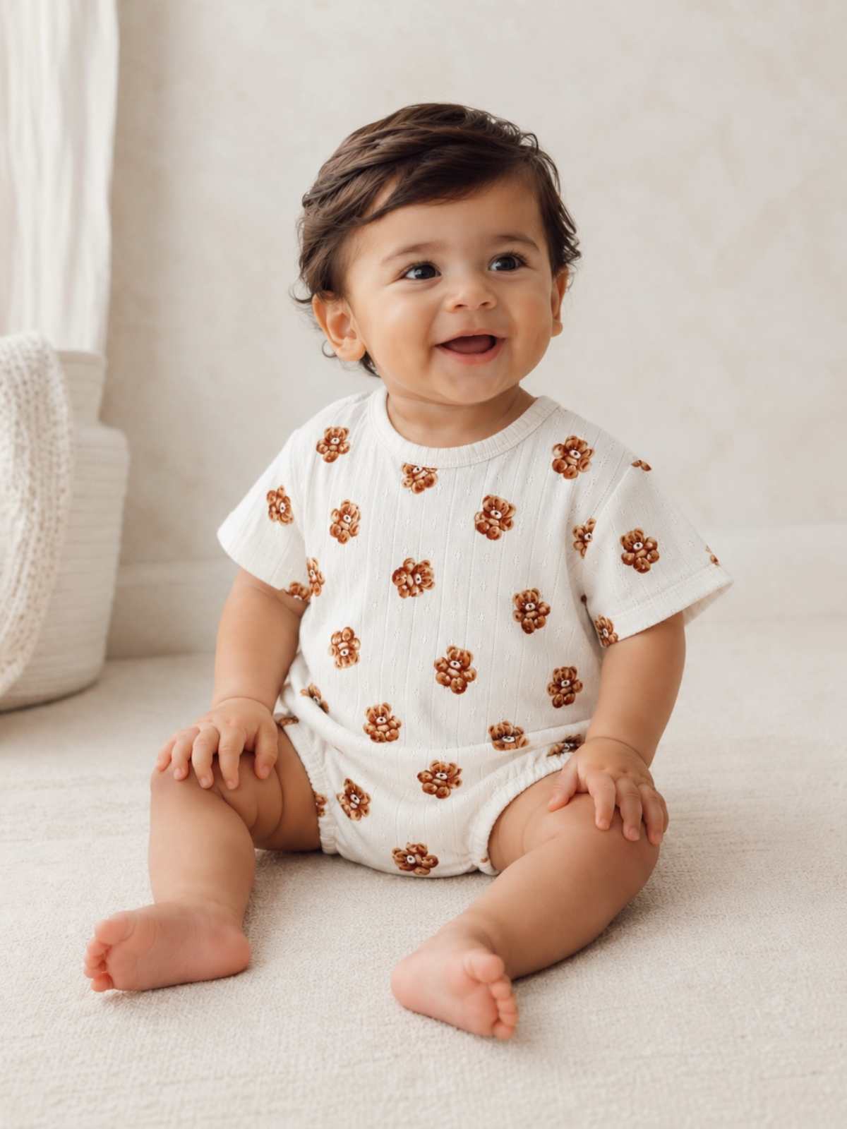 Smiling baby in a floral-patterned outfit, seated on a soft surface with natural light.