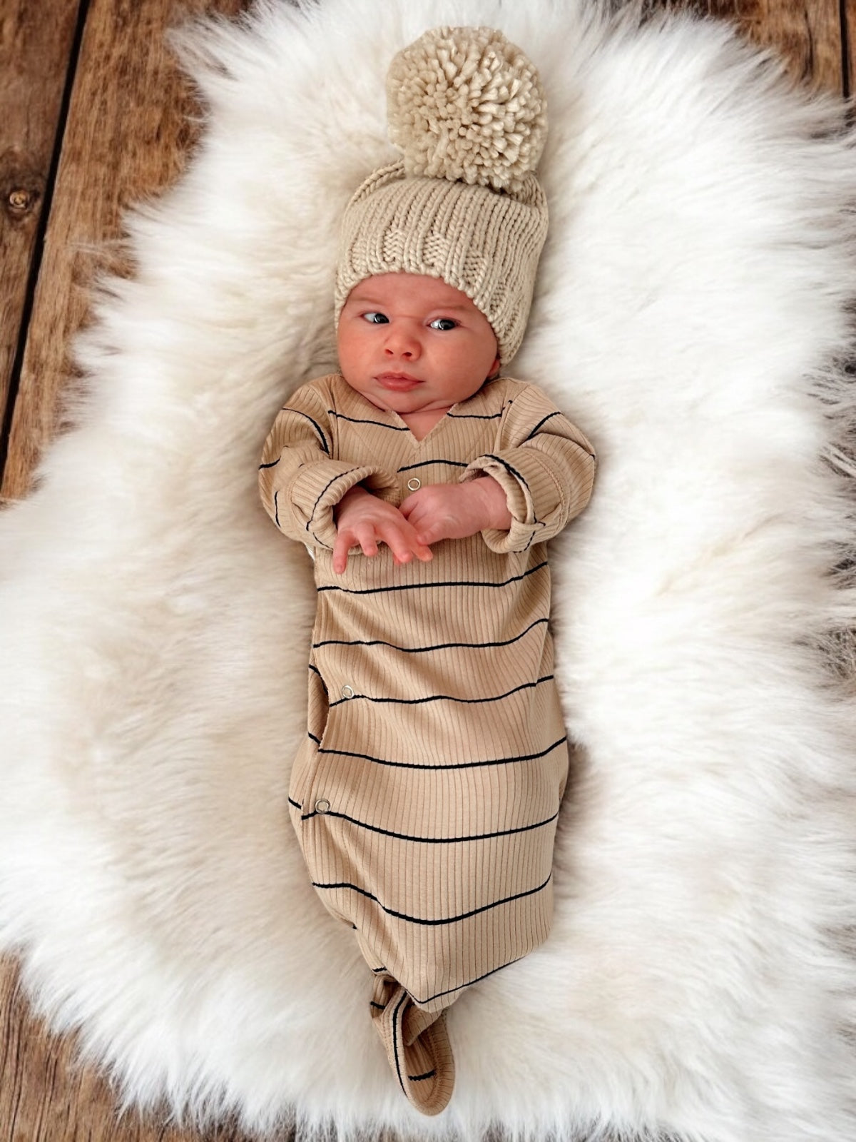 Tan/Black Stripe / Organic Ribbed Kimono Knot Gown