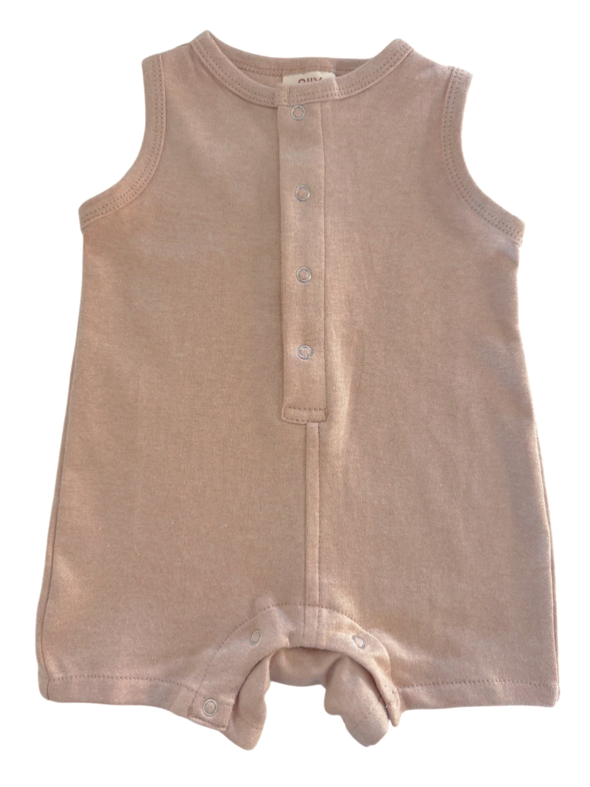 Light brown, sleeveless baby romper with front snaps and leg openings.
