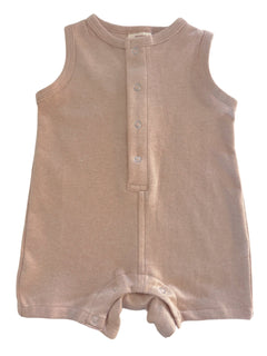 Light brown, sleeveless baby romper with front snaps and leg openings.