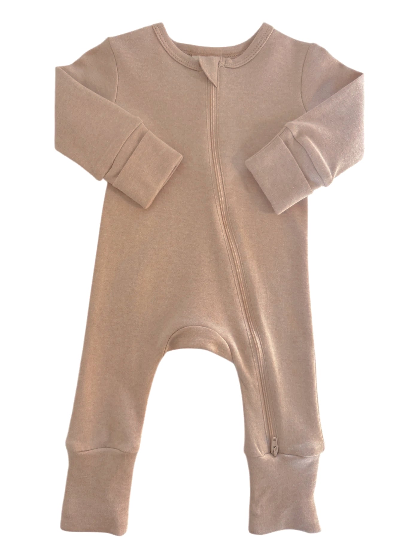 Beige zip-up onesie for infants with long sleeves and stretchy cuffs. Perfect for comfort and warmth.
