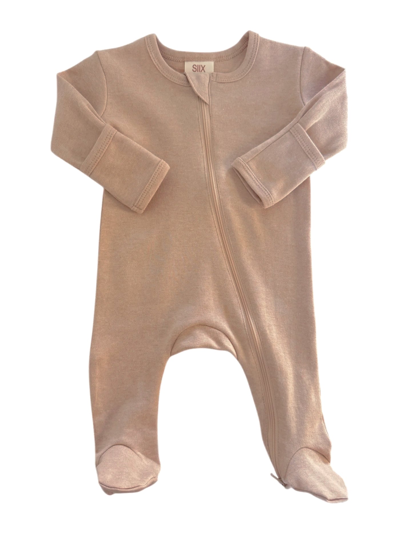 Beige baby onesie with long sleeves and front zipper, featuring footed bottom for warmth and comfort.