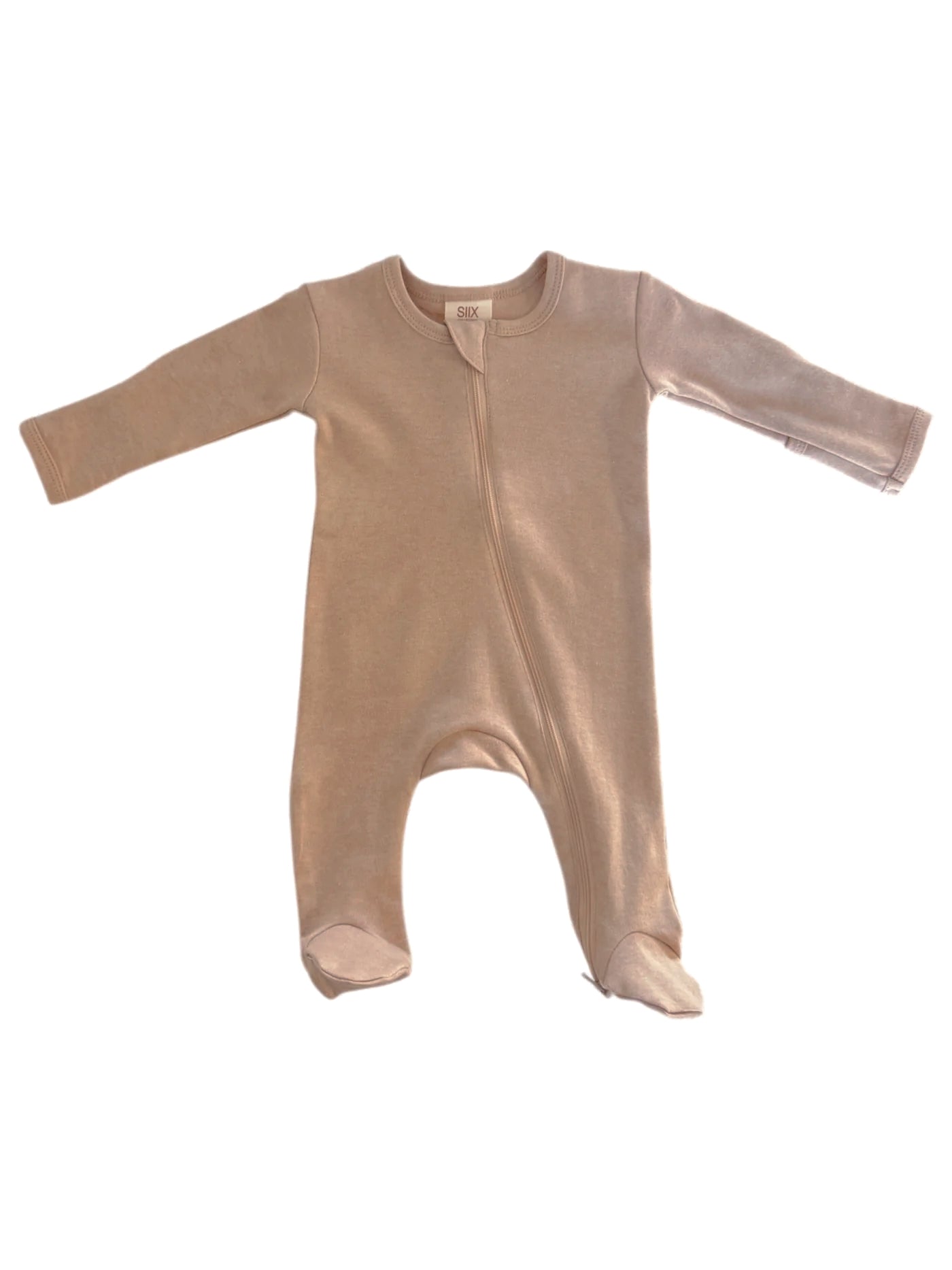 Light beige baby onesie with long sleeves and a front zipper, designed for comfort and easy wear.