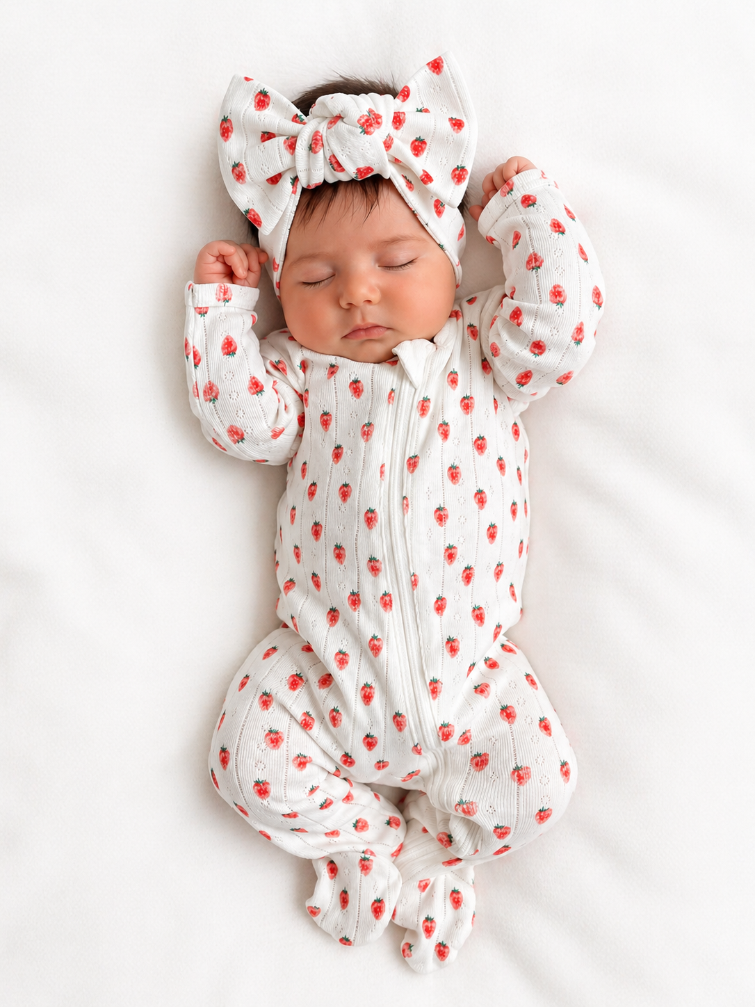 Sleeping baby in a strawberry-patterned onesie and bow headband, resting on a white blanket.