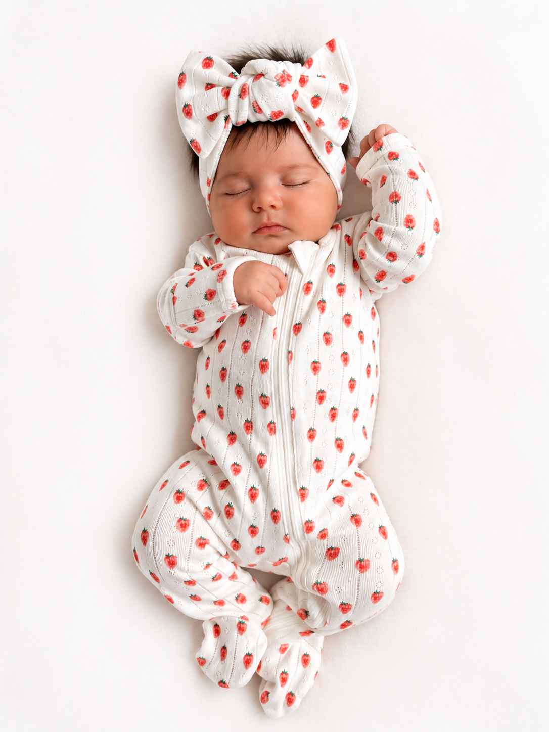 Sleeping baby in a strawberry-patterned onesie and bow headband, lying on a soft white surface.