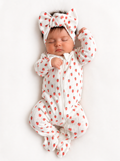 Sleeping baby in a strawberry-patterned onesie and bow headband, lying on a soft white surface.