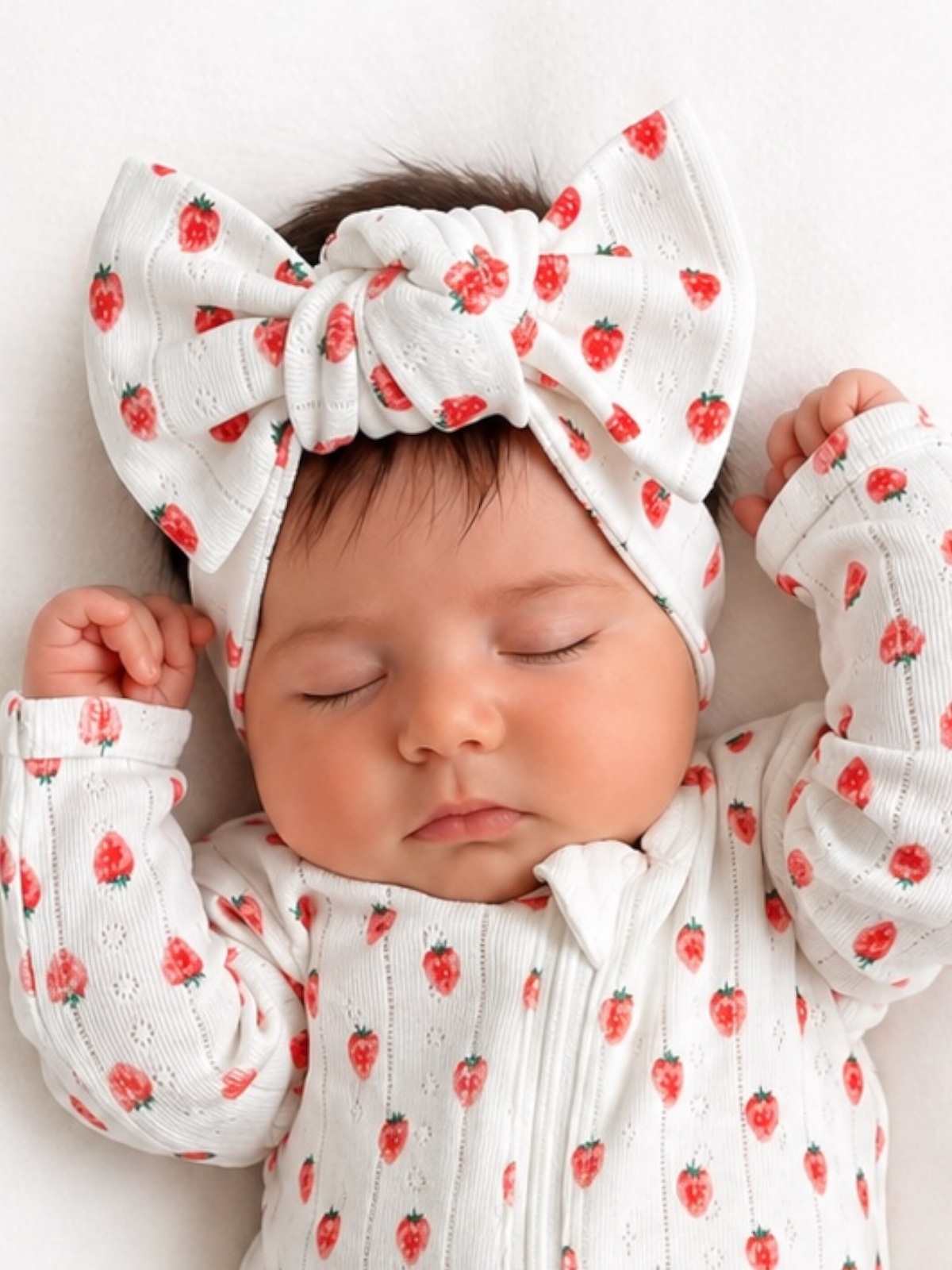 Baby girl sleeping peacefully in a strawberry-patterned outfit and large matching headband.