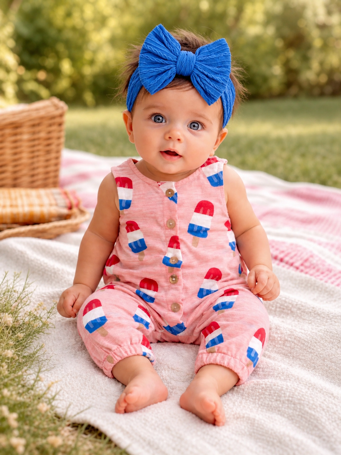 Baby sitting on a blanket outdoors, wearing a pink romper with popsicle prints and a blue headband.