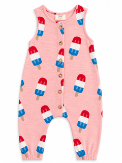 Pink baby romper with popsicle print and wooden buttons, suitable for ages 0-3 months.