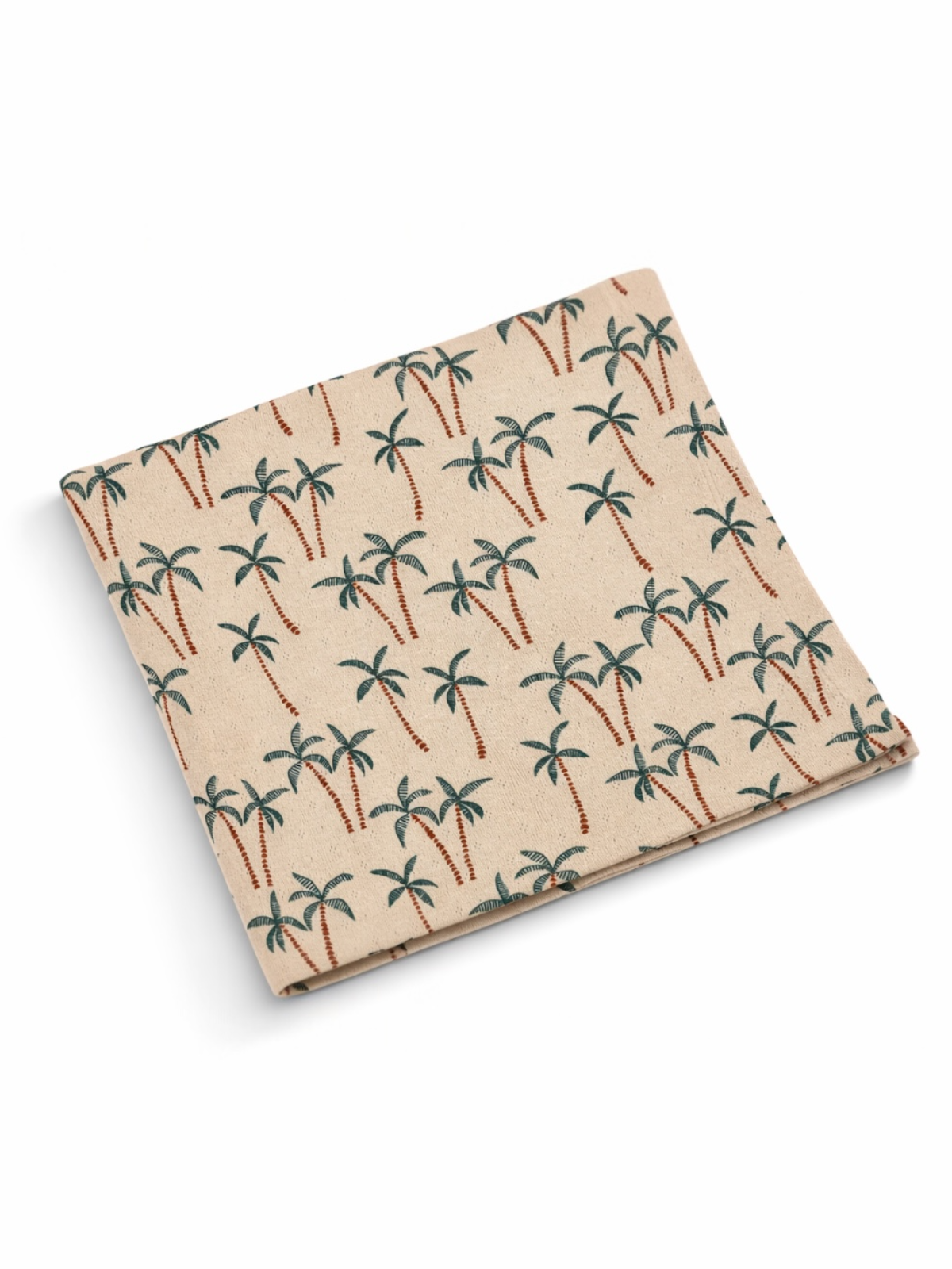 Beige napkin with a repeating pattern of green palm trees and brown trunks. Perfect for tropical-themed events.