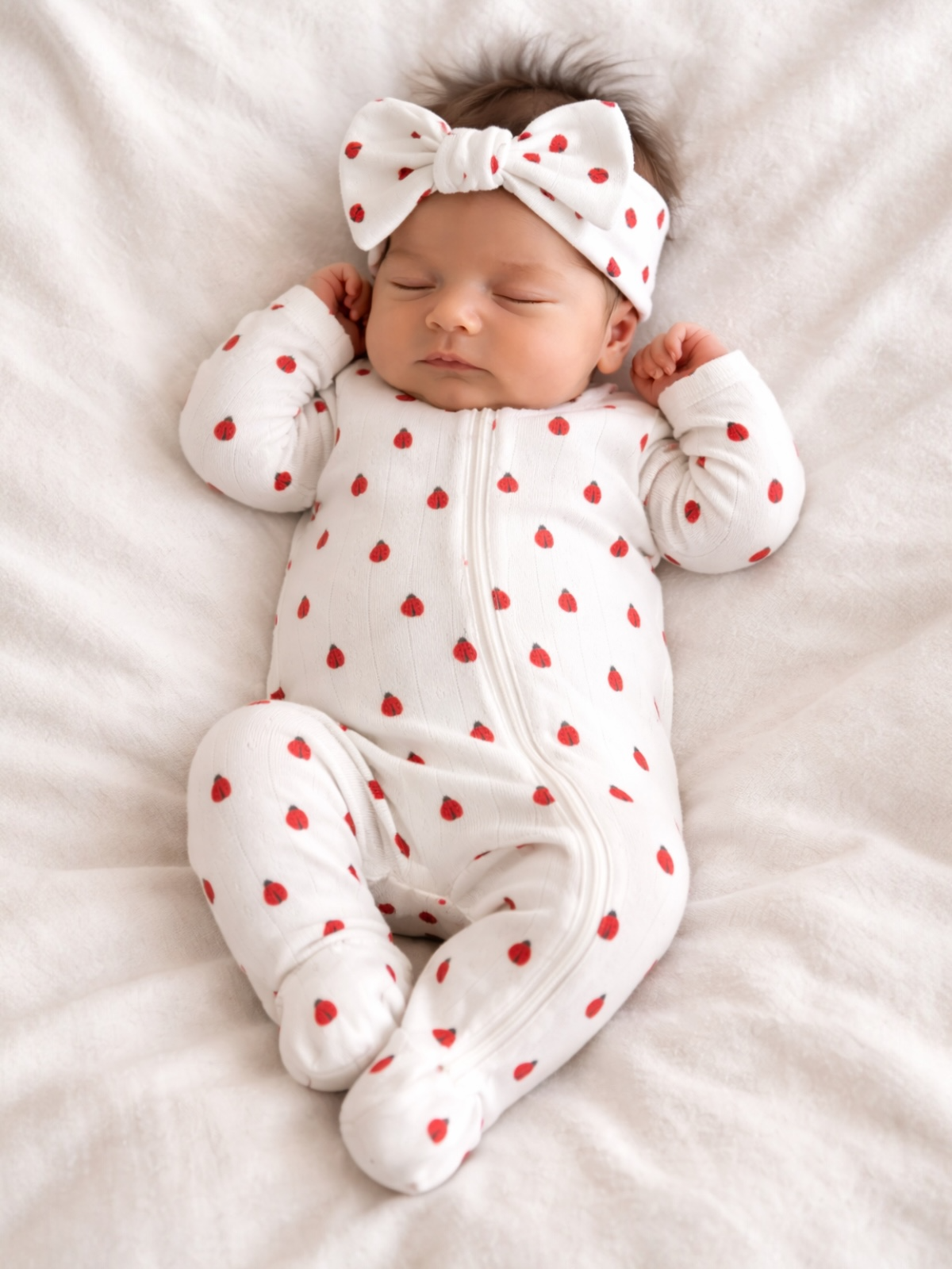 Sleeping baby in a white strawberry-patterned onesie with a matching bow headband on a soft blanket.