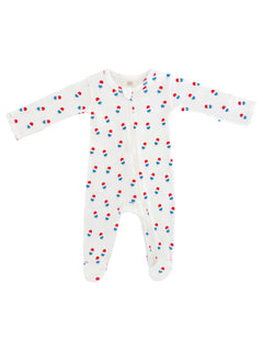 White baby onesie with colorful ice cream cone print, featuring long sleeves and a full zipper.
