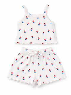 White kids' pajama set featuring red, white, and blue popsicle patterns on a tank top and shorts.