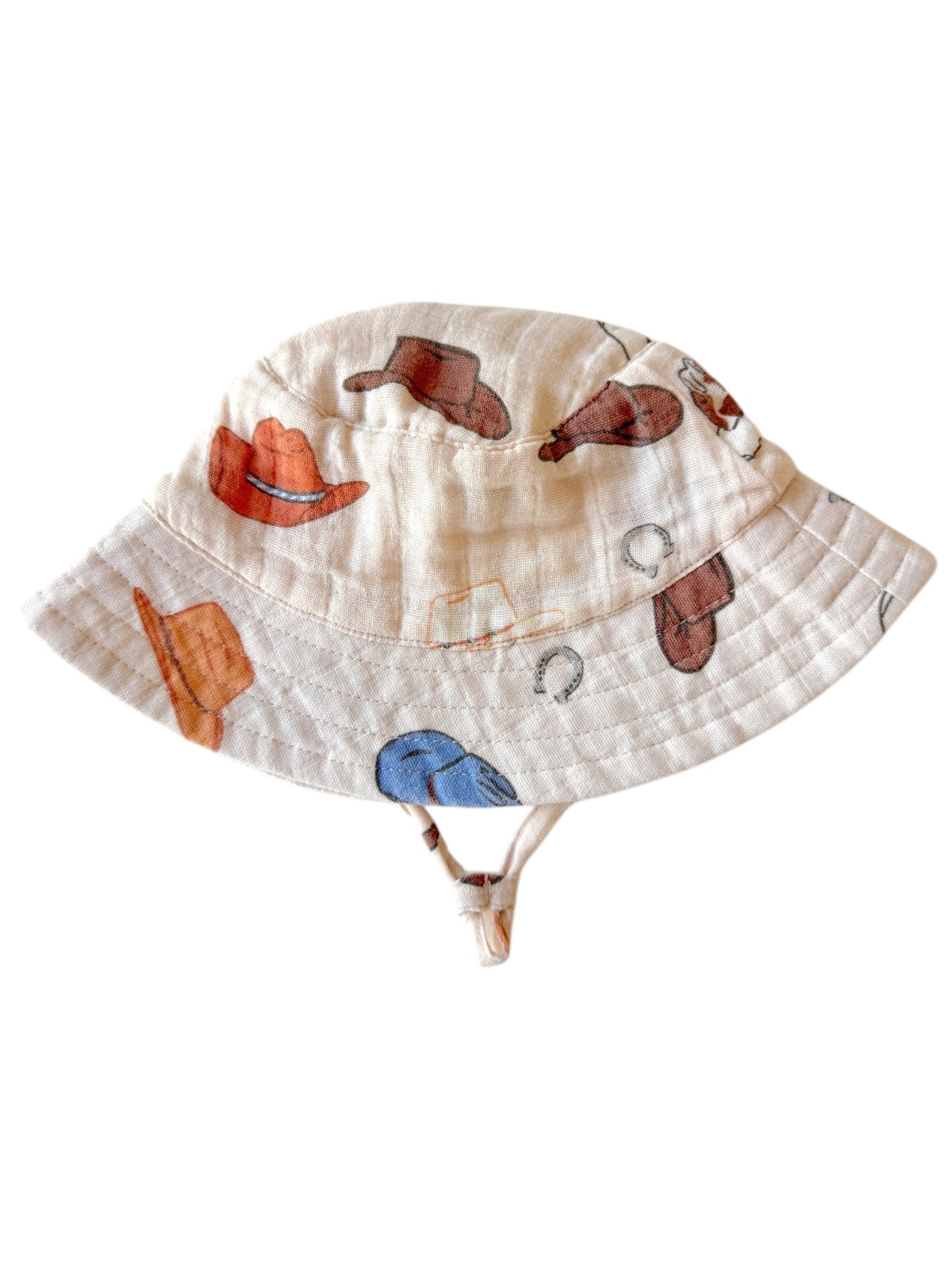 Bucket hat with assorted colorful hat prints, featuring a chin strap for secure fit.