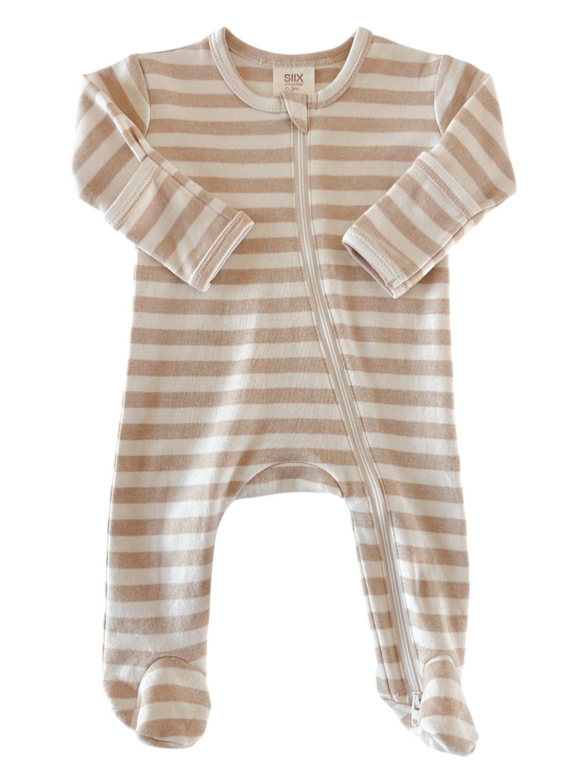 Beige and white striped baby onesie with zip closure and footed design. Ideal for comfortable infant wear.
