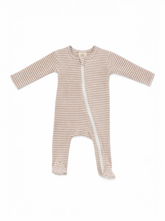 Brown and white gingham baby sleeper with a front zipper and long sleeves.