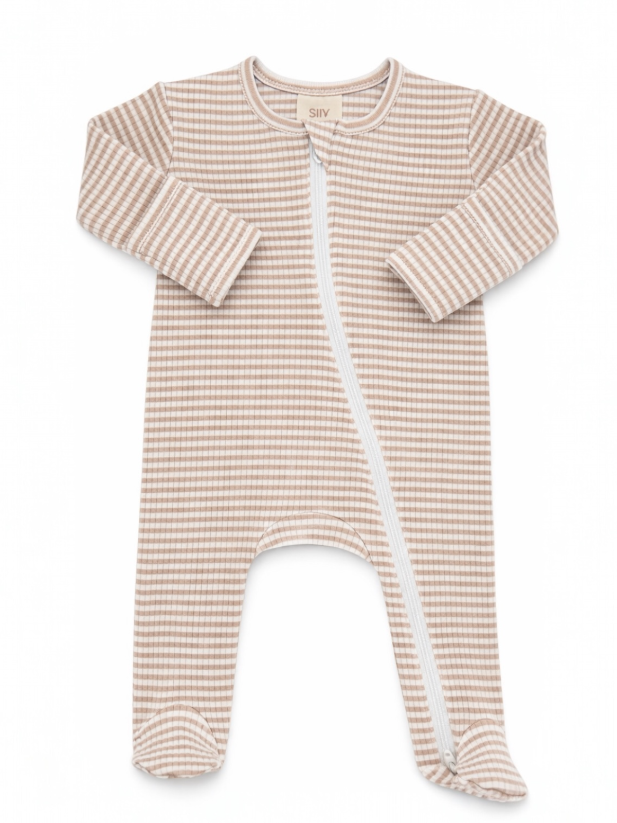 Tan and white striped baby onesie with long sleeves and a front zipper. Soft, cozy fabric for comfort.