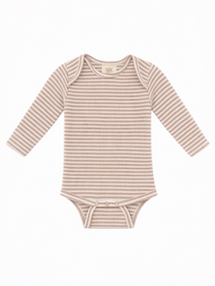 Long-sleeve striped baby bodysuit in soft beige tones with snap closure at the bottom.