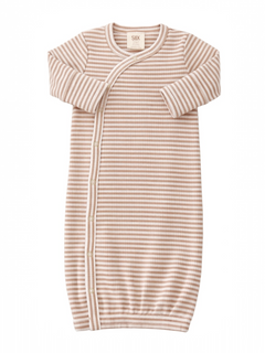 Striped baby gown in soft beige and cream, featuring front snaps and long sleeves for comfort.
