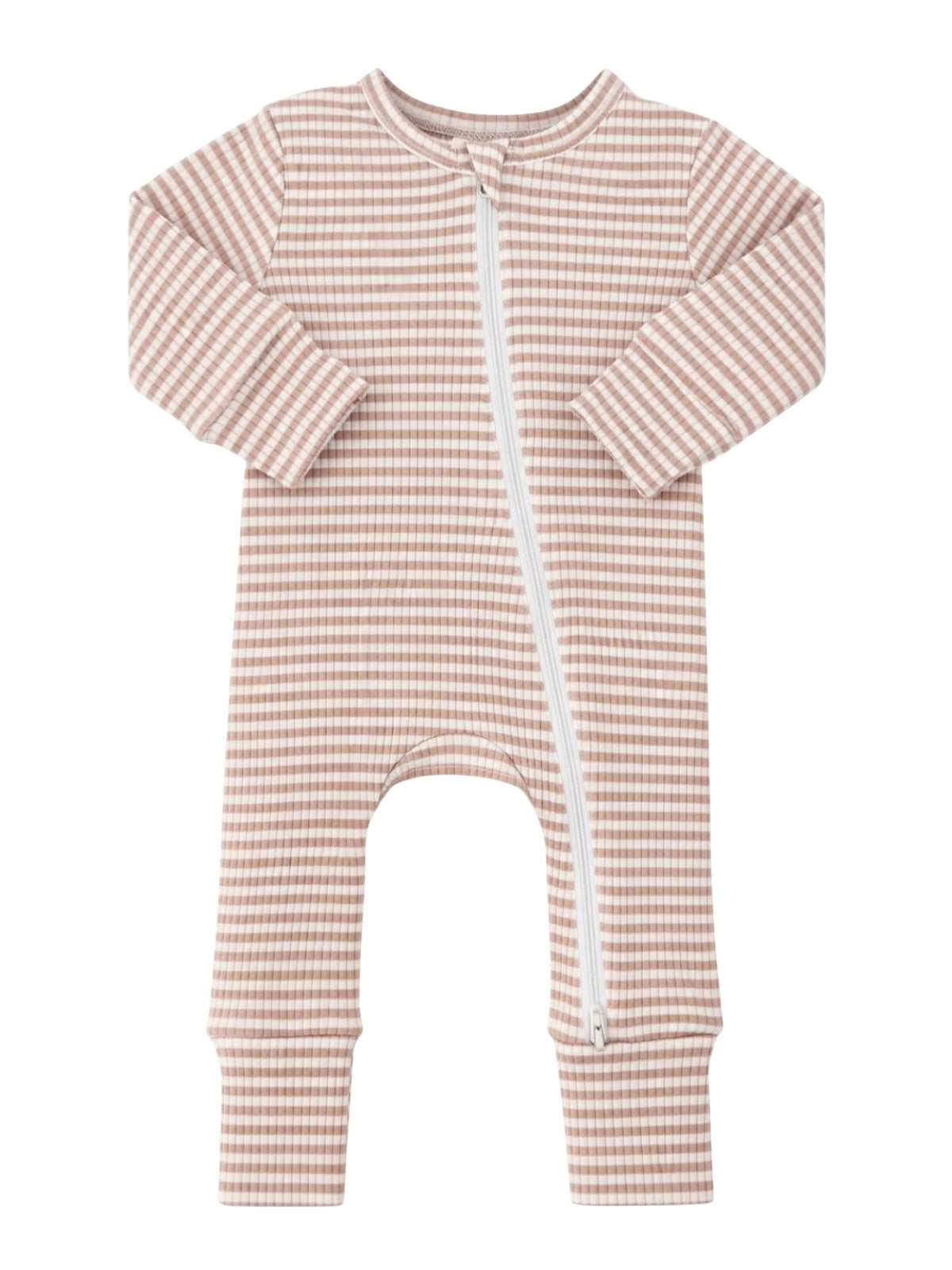 Light brown and cream striped baby onesie with long sleeves and a front zipper.