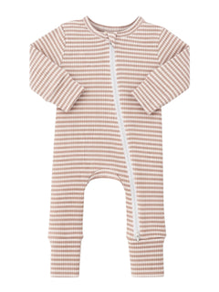 Light brown and cream striped baby onesie with long sleeves and a front zipper.
